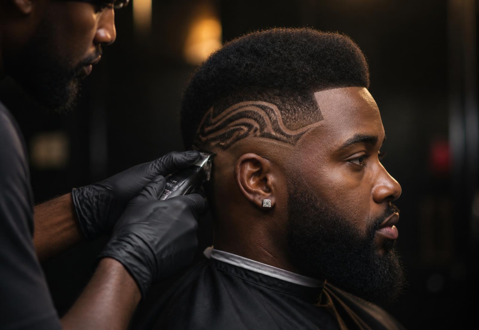 Barber shaving a detailed line-art fade into a client's hair
